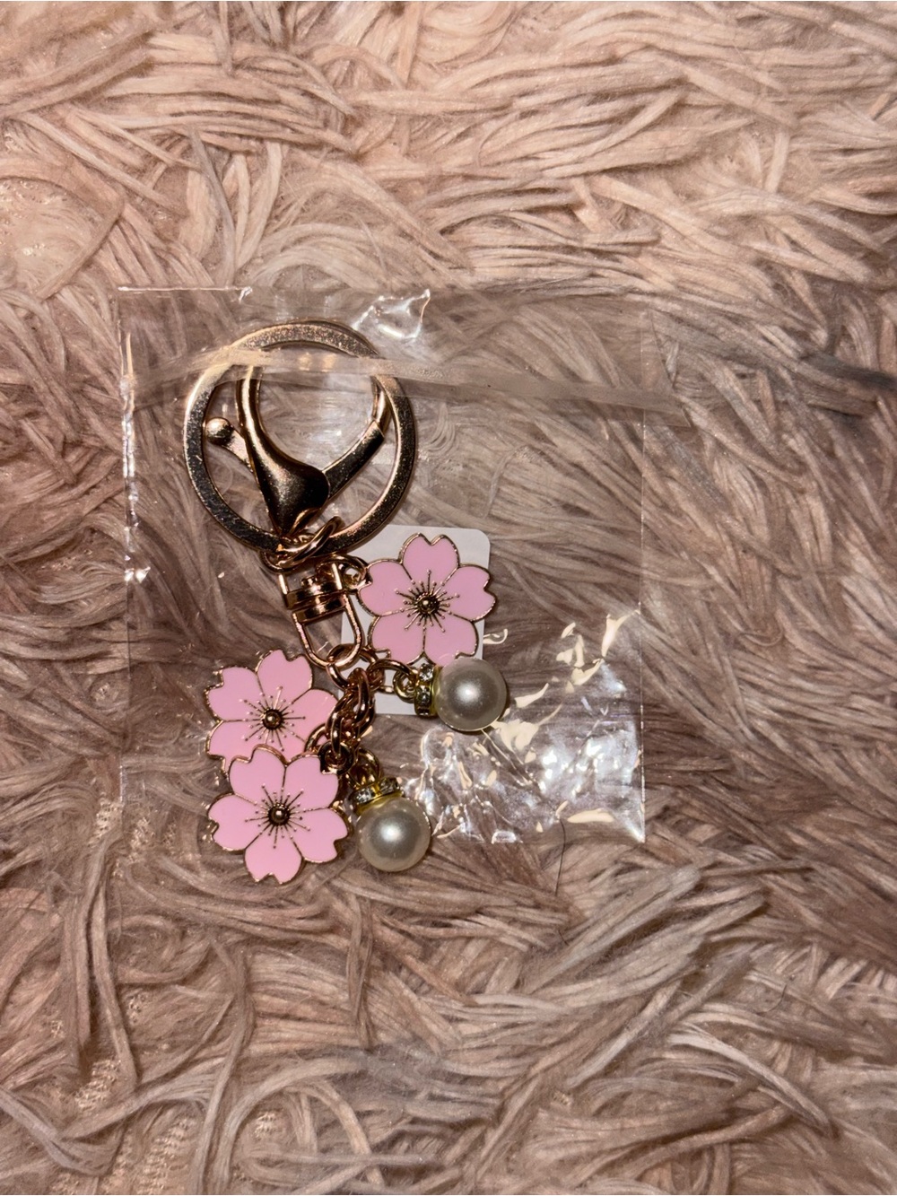Pink Cherry Blossom & Pearl Bag Charm Keychain